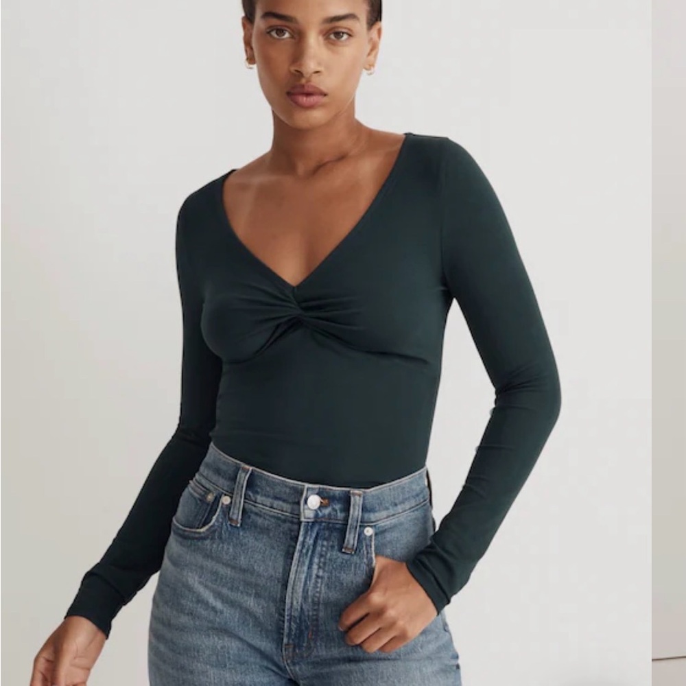 Madewell Forest Green Twist-Front V-Neck Long Sleeve Top